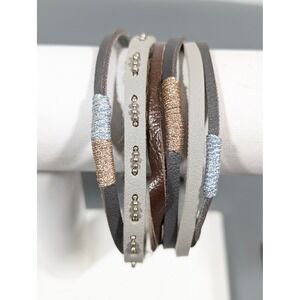 Brown Gray Faux Leather Multi Strand Bracelet Magnetic Clasp Boho Rustic 7.5"